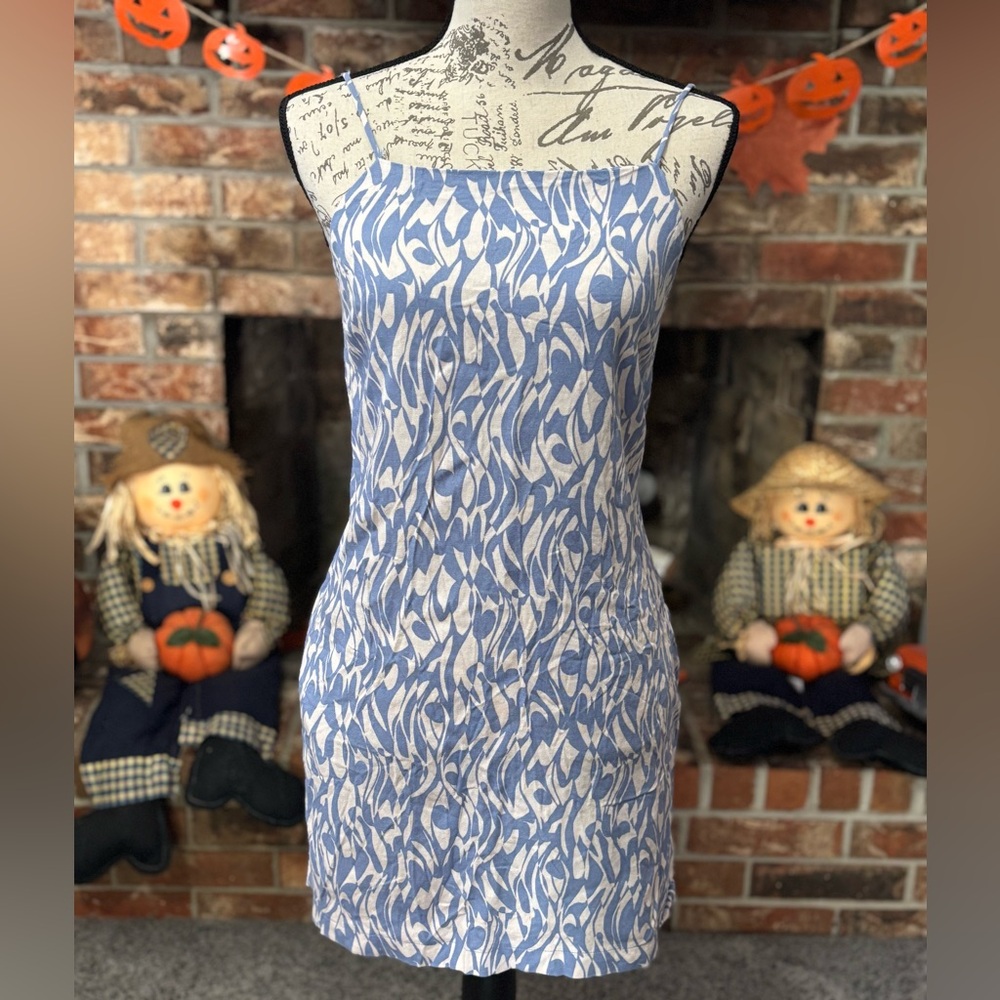 Blue and White Leaf Print Mini Dress WITH POCKETS